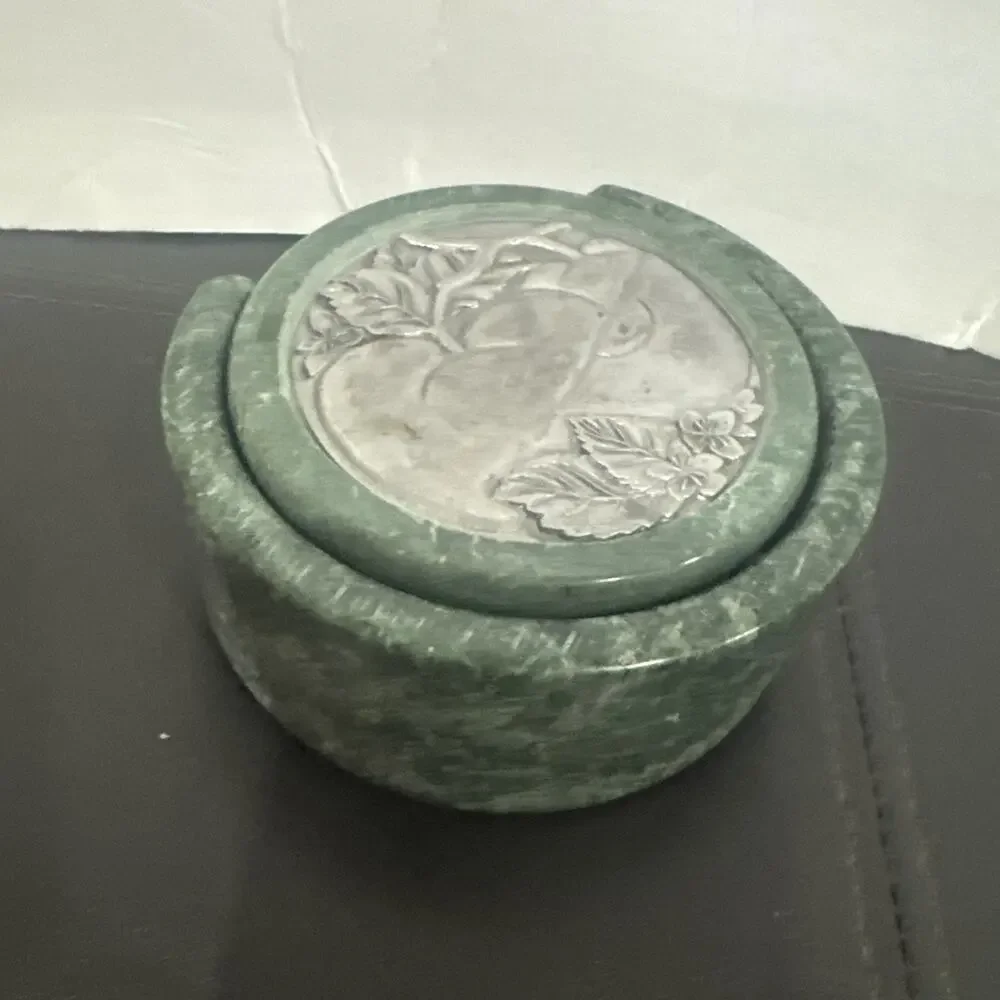 Vintage Green Marble Stone 4 Coaster Set Holder Metal Bird Design Felt Backed